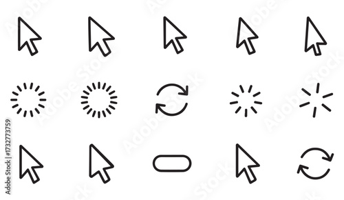 Vector outline set of computer cursor icons with loading spinners, refresh symbols, and progress indicators for user interface design
