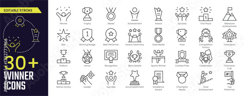 Winner Stroke icon collections. Containing Trophy, Medal, Achievement, Award, Success, Gold Medal, Success, and Game Victory icons. Editable Stroke icon collection Outline icon