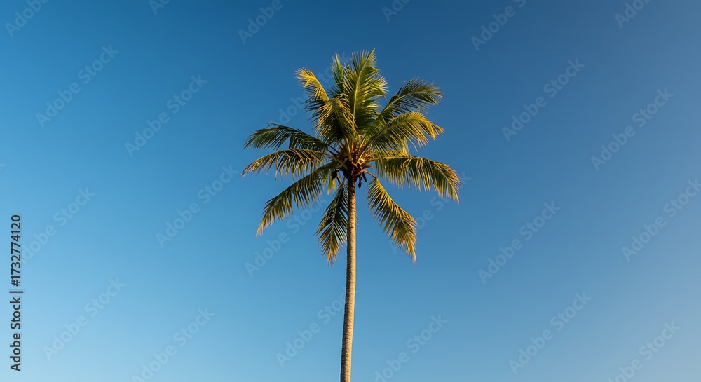 Fototapeta premium Single palm tree against clear blue sky daytime outdoors sunlight