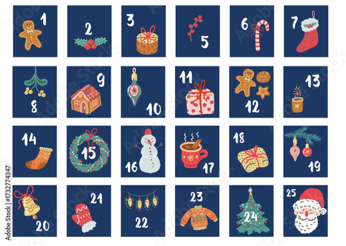Hand drawn Christmas advent calendar with numbered square boxes featuring holiday symbols like gifts, gingerbread cookies, ornaments, tree, and Santa Claus.