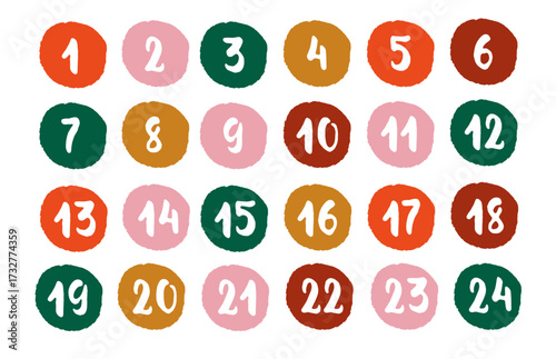 Minimalist advent calendar numbers 1 to 24 in colorful hand-drawn circles