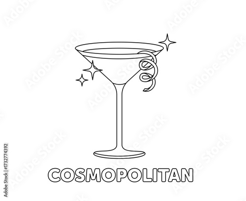 Cosmopolitan cocktail in martini glass with lemon twist, outlined for coloring pages