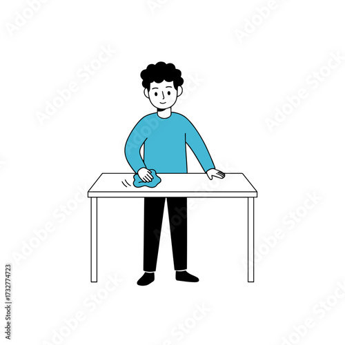 Man cleaning a white table with a blue cloth isolated on white background cartoon illustration