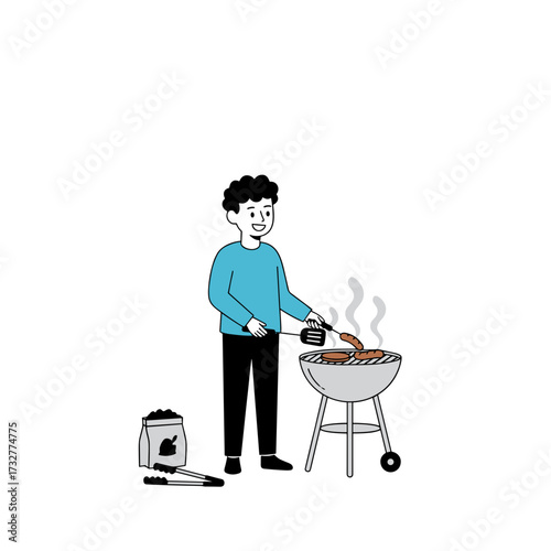 Cartoon man grilling sausages on barbecue grill outdoors on white background enjoying summer picnic and outdoor cooking hobby