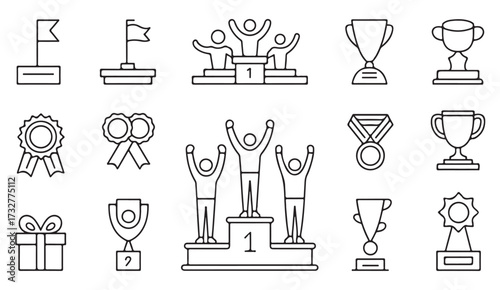 Minimal outline vector set of achievement icons including awards, rewards, medals, and success trophies for competitions