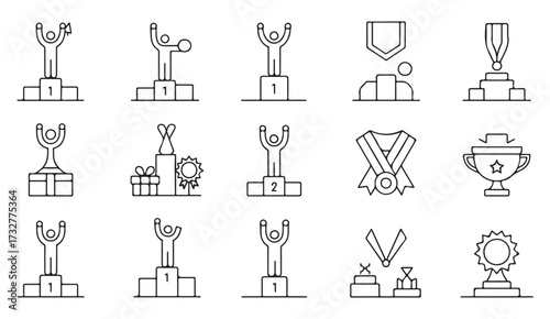 Vector set of linear icons featuring competition awards, winner podiums, gift boxes, medals, and trophies for success concepts