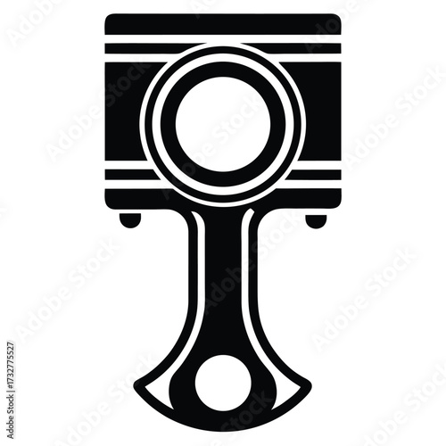 A solid black car piston displays a simple mechanical design against a white background