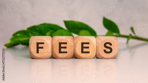 wooden cubes spelling FEES on glossy desk with green leaf background representing finance concept