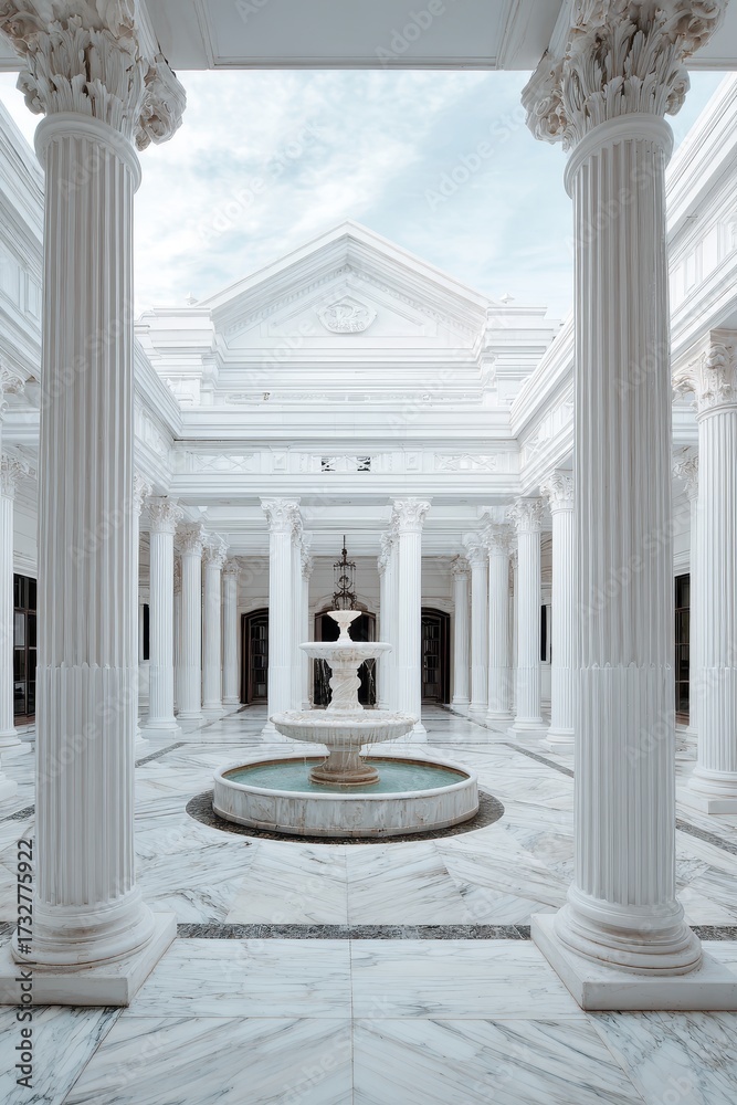Obraz premium Serene White Courtyard with Classic Columns and Fountain.