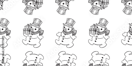 Christmas snowmen, gift boxes, seamless patterns, vector, outline hand drawn backgrounds, paper, wrapper, wallpaper