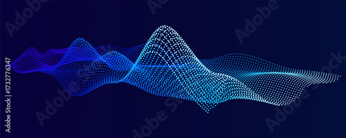 Futuristic background illustration featuring a dynamic wave gradient composed glowing blue and purple dots. Three dimensional sine wave or sound wave pattern, rising and falling with intensity.