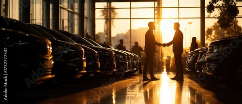 Two men shake hands in a car dealership at sunset, silhouetted against the warm glow of the setting sun through large windows.