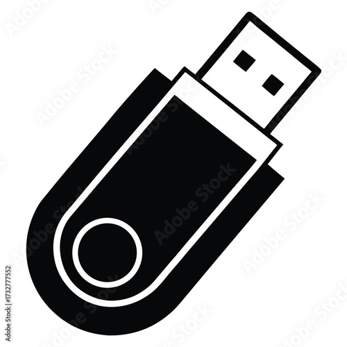 Black and white icon showing a USB drive for data storage and backup