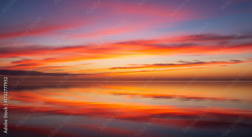 Obraz premium Vibrant sunset paints the sky with fiery orange and pink hues reflecting on a calm, glassy ocean surface creating a breathtaking serene seascape
