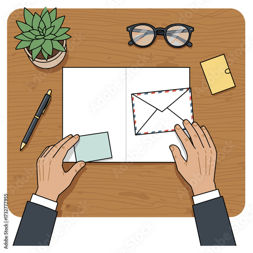 Two hands writing a letter with envelope and stationery on desk  