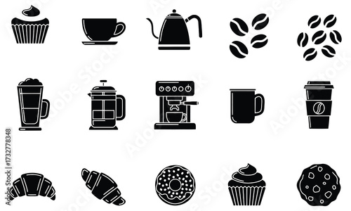 Coffee pastries and drinks icons saucer kettle