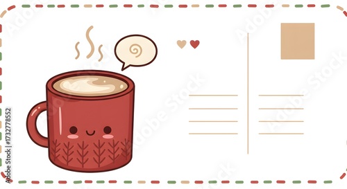 Cute cartoon mug with steaming coffee and smiling expression  