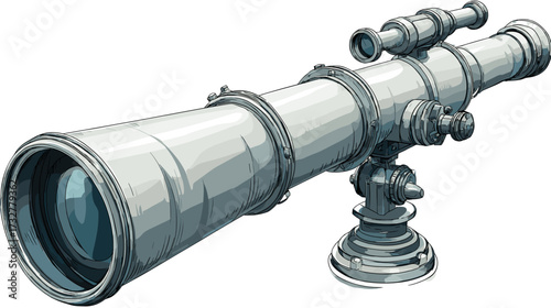 A stylized illustration of a silver telescope, complete with a viewfinder and detailed adjustable base for stargazing on a clear night.