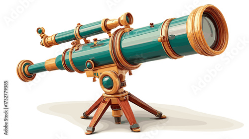 A beautifully illustrated vintage telescope in teal and gold, poised for celestial observation, standing on a wooden tripod.