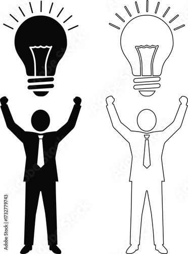 Two businessmen celebrating success with a bright idea lightbulb silhouette isolated on white background