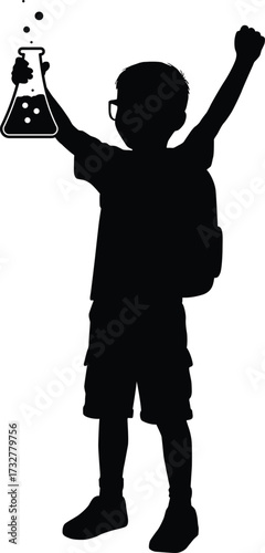 Silhouette of a young boy holding up a science flask with bubbling liquid isolated on white background