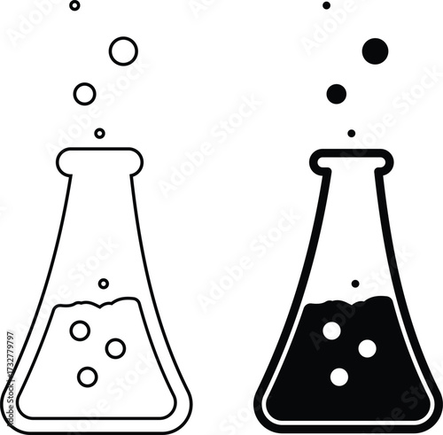 Two laboratory flasks with bubbling liquid and rising bubbles silhouette isolated on white background