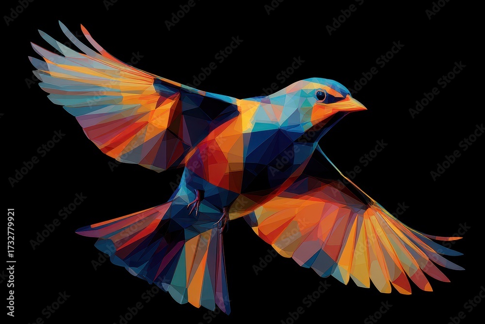 Obraz premium Vibrant Geometric Bird in Flight - Abstract Colorful Illustration on Black Background.