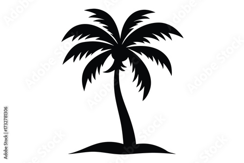 A simplistic black silhouette shows an isolated palm tree growing from a small mound