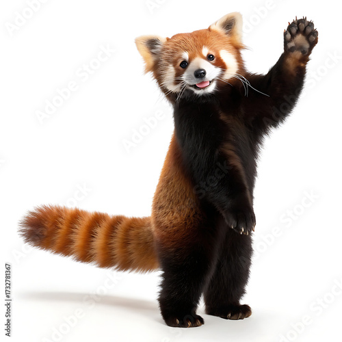 A red panda standing on its hind legs with its paw raised on a white background in studio lighting
