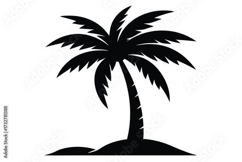 Solitary palm tree silhouette rises from the dark ground in stark contrast against white