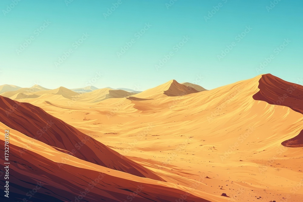 Naklejka premium A minimalist, illustrative desert landscape with numerous rolling sand dunes under a serene, clear blue sky, conveying vastness and tranquility.