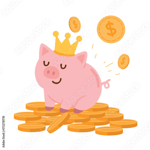 Pink pig wearing crown on pile of golden coins flat cartoon vector isolated on white background