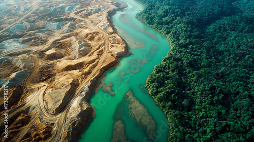 Aerial Split of the Amazon: Open-Pit Mining vs. Intact Rainforest Along a Turquoise River