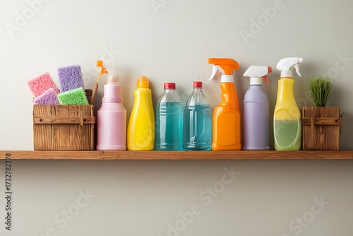 A vibrant collection of colorful cleaning supplies and sponges neatly arranged on a wooden shelf against a light background, ready for household chores.