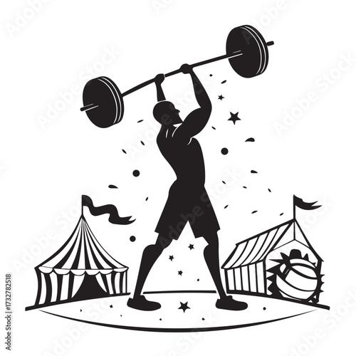 A silhouette of a strongman lifting a barbell in a circus setting with tents and stars, isolated on white background, showcasing strength and performance