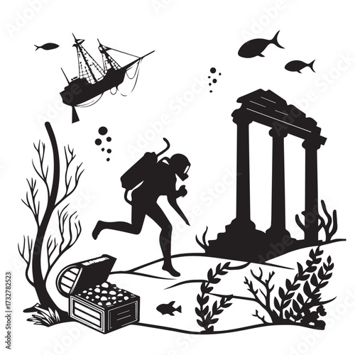 A silhouette of a scuba diver exploring an underwater scene with a sunken ship, treasure chest, and ancient ruins, isolated on white background, revealing an adventure