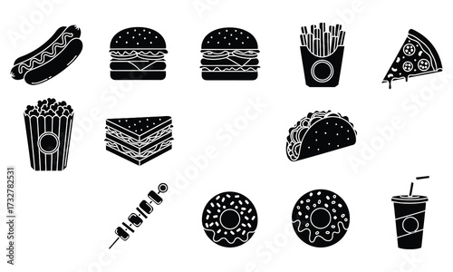 Food icons hotdog burger sandwich pizza popcorn taco donut drink vector