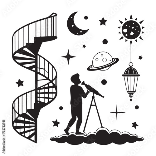 Silhouette of an astronomer observing celestial bodies with a telescope near a spiral staircase, isolated on white background, representing astronomy and exploration