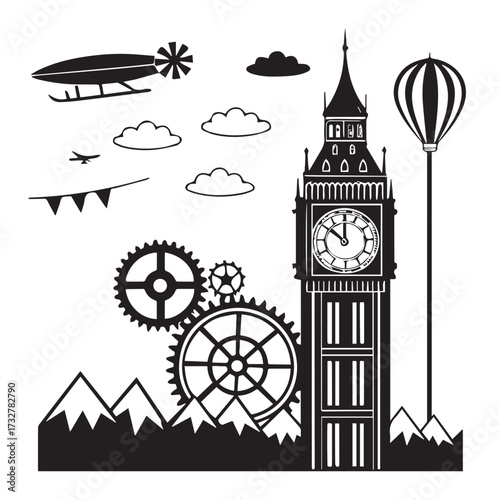 A steampunkinspired scene featuring big ben, gears, an airship, and a hot air balloon against a backdrop of mountains and clouds, isolated on white background