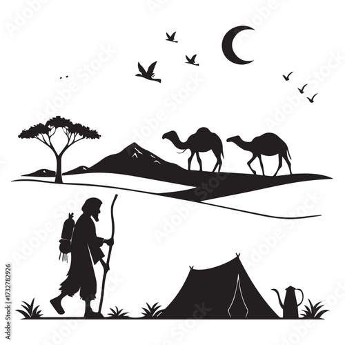A serene desert landscape featuring camels, a traveler, and a tent under a crescent moon, embodying adventure and tranquility, isolated on white background birds fly overhead