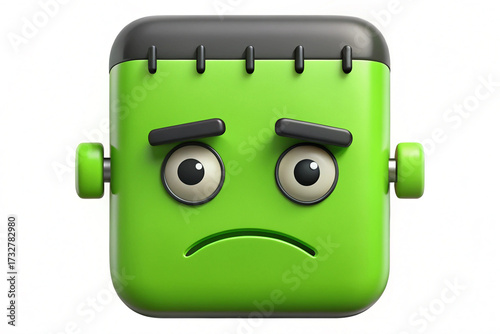 A square green frankenstein monster emoji with a sad expression on a white isolated background