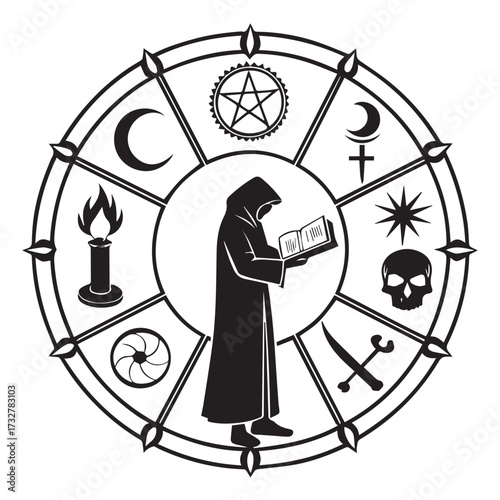 A hooded figure stands within a mystical circle, engrossed in reading an ancient tome, surrounded by symbols of occult significance, isolated on white background, creating an aura of mystery