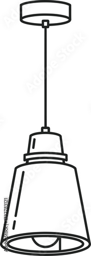 Minimalist line art illustration of a modern pendant light fixture with a conical shade, hanging from the ceiling.