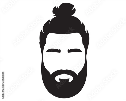 Male face silhouette with full beard and man bun hairstyle vector illustration, hipster style design template for fashion, grooming, barber shop, logo, icon, masculinity, modern trends, and identity c