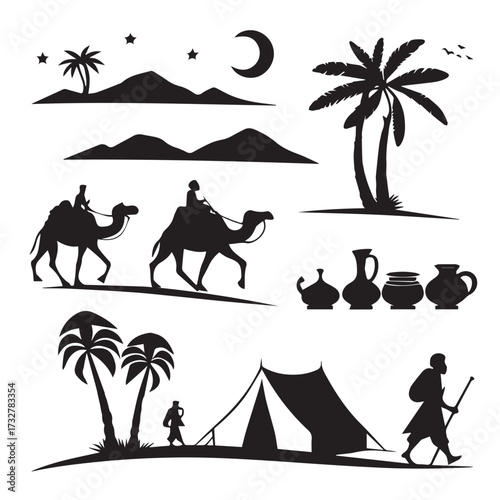 Silhouette of a desert landscape with camels, palm trees, tents, and people, isolated on white background, creating a scene of travel, adventure, and cultural richness