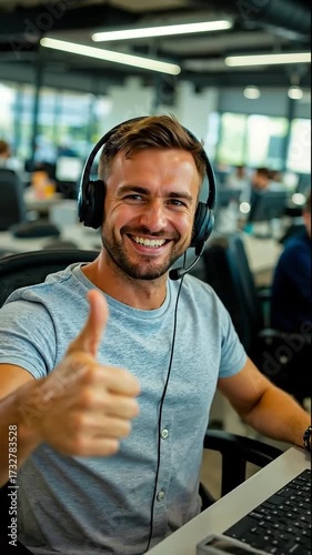 A man wearing a headset giving a thumbs up. Vertical video.