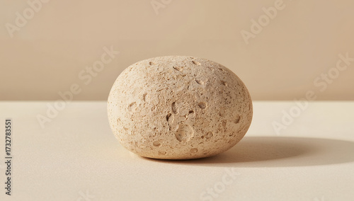 Close-up professional photo of a natural, smooth pumice stone with a single smooth face and a subtly rough texture, centered on a soft beige background with shadow, for skincare and holistic wellness 