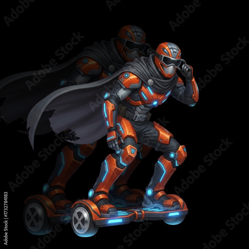 Street Ranger on Hoverboard in Bright Power Armor and Cloak – Dynamic Motion Pose on White Background