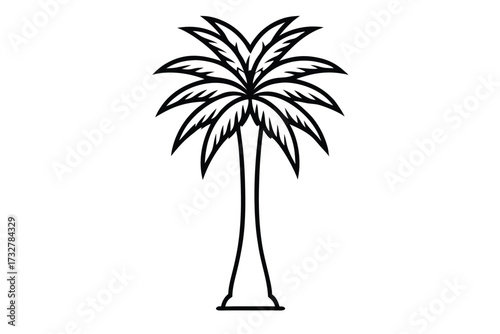 Solitary palm tree silhouette exhibiting fronds and sturdy trunk against a clean white backdrop