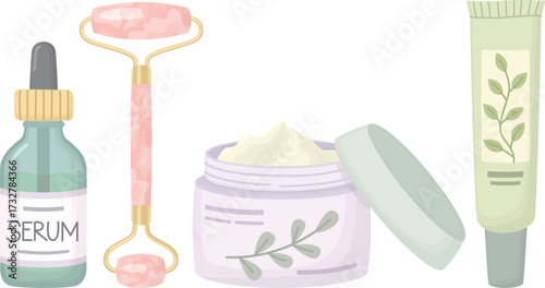 Set of skincare essentials isolated on white background. Cosmetic serum bottle, face cream, eye cream tube and a rose quartz facial roller. 